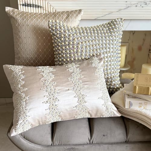 Ivory Decorative Lumbar Pillow Cover 12" x 22" | Pack of 2 Satin Oblong Cushion Cover Abstract | Pearl And Crystal Hand Embroidery Pillowcases for Bed, Couch & Sofa, Modern Home Décor - Pearl Enigma - Image 4