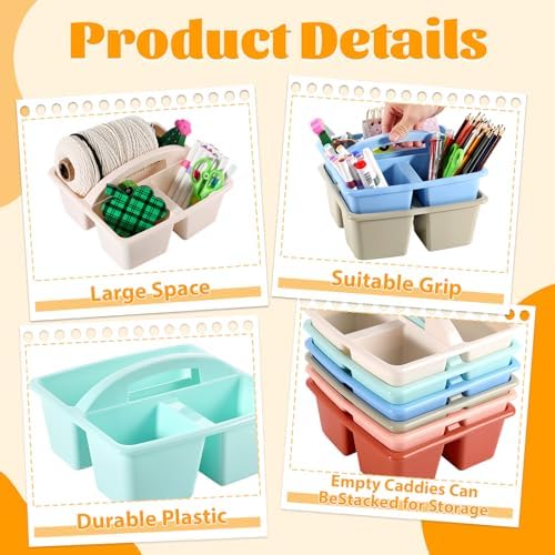 6 Pack Classroom Caddy with Handle Plastic Storage Caddy Organizer with 3 Compartments Desk Caddies Holder Portable Storage Bin for Pencil, Crayon, Marker, Home, Office, School Supply(Morandi Colors) - Image 3