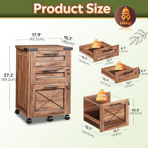 DEVAISE 3 Drawer Under Desk File Cabinet with Lock, Oak - Image 3