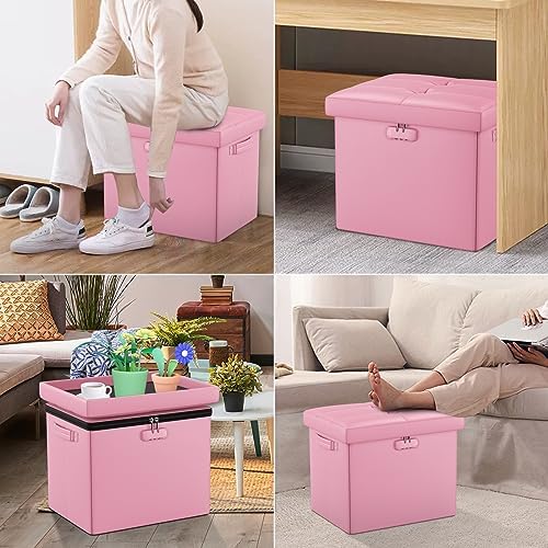 DocSafe Storage Ottoman Foot Rest Stool with Lock ＆ Handles, Fireproof Folding Leather Footstool Bench with Storage Safe for Living Room Bedroom, Home Office, Dorm, 17x13x13in, Pink - Image 5