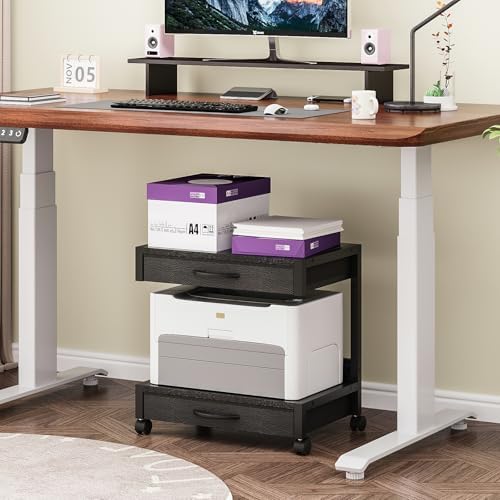 VENNQD 2-Tier Desktop Printer Stand with 2 Fabric Drawers, Prtiner Table with Storage Shelf, Desk Organizer for Home Office,3D Printer,Fax Machine,Scanner (Black, 2 Tier) - Image 3