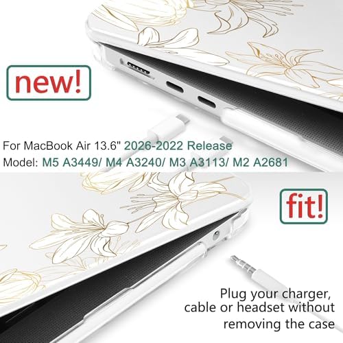 DONGKE for MacBook Air 13 Inch Case M5 2026 M4 2025 M3 M2 2024-2022 A3449 A3240 A3113 A2681, Plastic Hard Shell & Keyboard Cover & Screen Film for MacBook Air 13.6 Inch Case - Golden Floral - Image 2