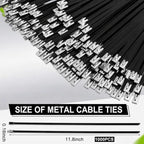 Pelopy Black 304 Stainless Steel Zip Ties, 1000 Pcs, 11.8" - Image 2
