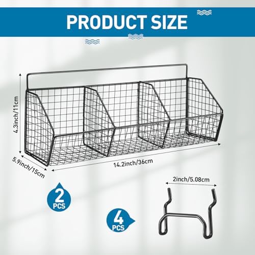 Suzile 2 Pcs Divided Pegboard Baskets Set Metal Garage Storage with 4 Pegboard Hooks Wall Mount Organizer for Workbench Bathroom Accessory Storage, 3 Grid(Black) - Image 2