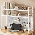 2-Tier Dorm Desk Hutch Top Only Desktop Bookshelf Metal Storage Display Rack Countertop Organizer Over Computer Desk Shelf for Dorm Office with Pegboard and Hooks Set,White,W 22″/55cm by Unknown