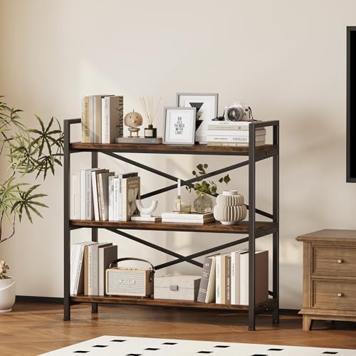 3 Tier Bookshelf 31.49" Width, Wood and Metal Etagere Bookcase, Vintage Farmhouse Modern Wooden Big Book Shelf for Home Living Room Bedroom Office Storage(Rustic Brown) - Image 2