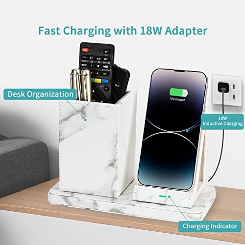 Wireless Charger with Desk Organizer, Wireless Charging Station for iPhone 13/13 Pro Max/13 Pro/12 Series/11/XS Max/XR/X/8Plus/SE 2, Wireless Charging Stand with Leather… (Marble) - Image 2