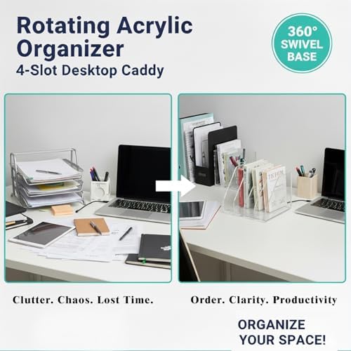 2 Pcs Acrylic File Organizer with 4 Vertical Compartments, 360° Rotating Vertical Desk Organizer for Books, Folders, Magazines, Compact Clear Book Stand & Binder Holder for Office Desk Storage - Image 4