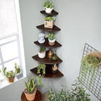 Corner Shelves, Floating Corner Shelf, Set of 2 Solid Oak Wood Wall Shelves, Round End Wall Mount with Wire Hole Shelving for Small Plant for Bedroom Kitchen, Living Room Walnut 8.7” - Image 2