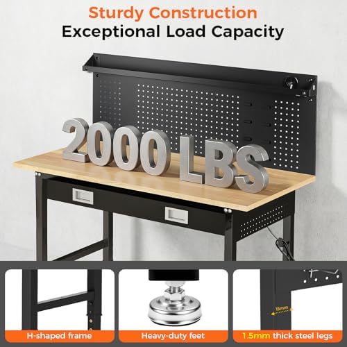 60" Adjustable Work Bench with Drawers, Workbench for Garage with Strip Light, Work Table with Large Pegboard, 2000 LBS Heavy Duty Table with Power Outlet Rubber Wood for Office, Workshop - Image 6