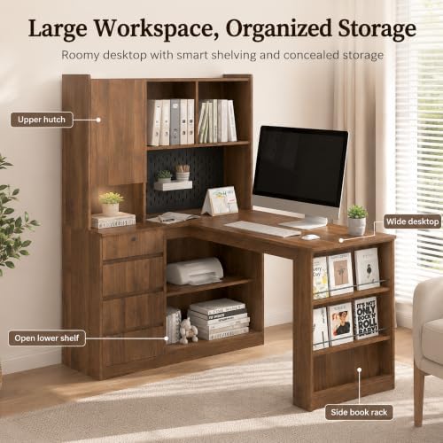 51.6" L Shaped Home Office Desk with Drawers and Storage, Walnut - Image 4