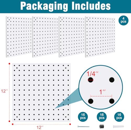 4 Pack Steel Peg Board,Universal 1/8 and 1/4 Pegboard Accessories,Ideal for Garage Tool Storage, Office Organization, Craft Room, Kitchen etc. (White, 4-12X12) - Image 2