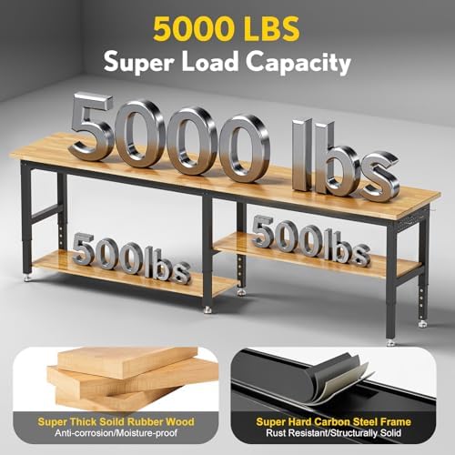 96” Adjustable Work Bench, 2-Layer Heavy Duty Workbench, 6000 LBS Capacity Workbench with Pegboard & Power Outlet, Rubber Wood Work Table for Garage, Office, Workshop, Home - Image 4