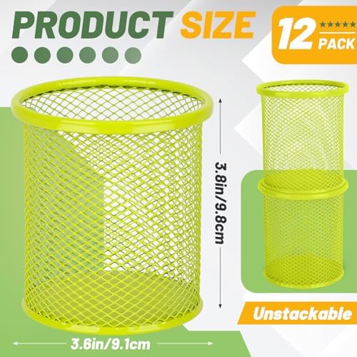 Segarty Pen Holer, 12 Pack Round Light Green Pencils Holder for Desk, Metal Mesh Pen Cup Container Marker Organizer Set for Office Supply, School, Home, Desktop Storage and Organization - Image 2