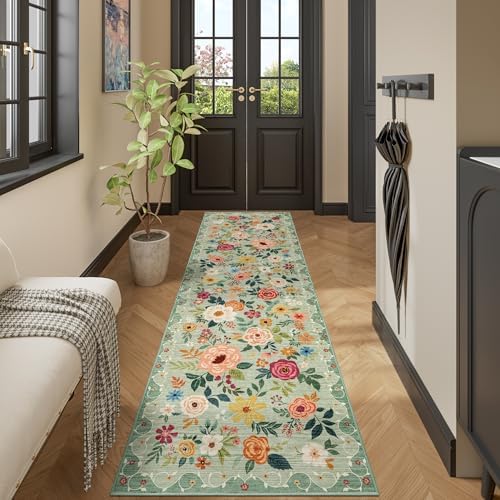 DUKINO 2.6x12 Kitchen Runner Rug, Floral Non Slip Long Washable Rug, Green - Image 6