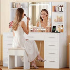 FIONESO Vanity Desk with Mirror and Lights, Makeup Vanity with 9 Drawers & Power Outlet, 5 Hooks & 6 Open Shelves, 3 Lighting Colors & Adjustable Brightness, White Vanity for Girls - Image 4