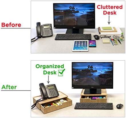 MobileVision Bamboo Telephone Stand with Drawer Stackable Storage Solution for Office Products Pens, Pencils, Scissors, Notepads, Business Cards and More - Image 5