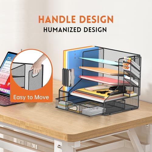5-Tier Desk Organizer with File Holder & Pen Holder & Sliding Drawer, Black - Image 6