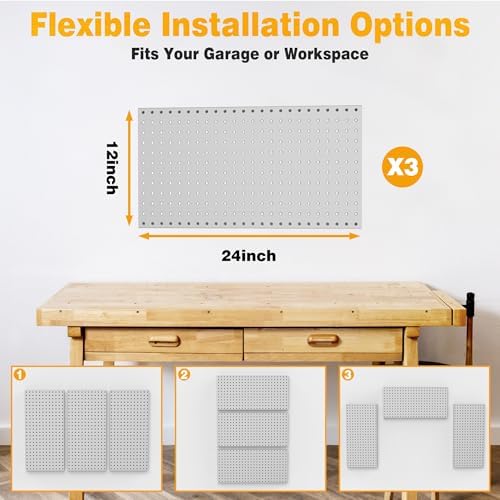 Pegboard Smith Metal Pegboard Panels 12" x 24", 3 Pack Grey Wall Mounted Tool Organizer Boards, Heavy Duty Tool Storage Peg Board for Garage, Workbench, Office, Fits 1/4" Peg Hooks - Image 7