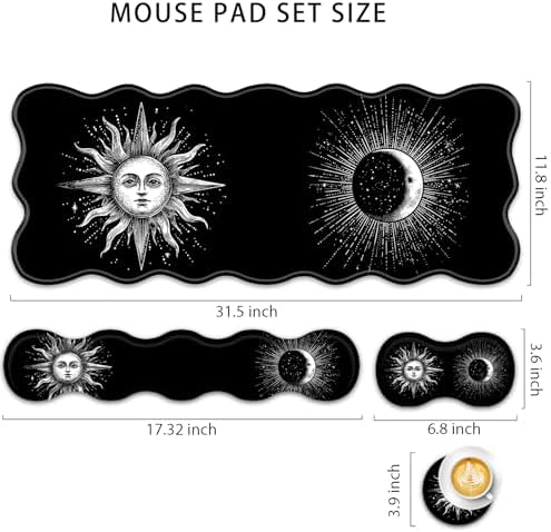 4 in 1 Desk Mat Set,Mouse Pad with Keyboard Wrist Rest,Wave-Shaped Design,Non-Slip Rubber Base,Waterproof,for Home,Office,Gaming,Sun and Moon - Image 2