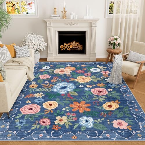 DUKINO 6x9 Area Rugs, Floral Washable Rug for Bedroom Non Slip, Blue by DUKINO