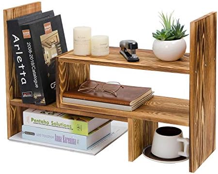 Adjustable Extendable Natural Wood Desktop Organizer Caddy Desk Organizer Countertop Shelf Bookcase Display Stand Rack Expandable Storage Office Home (Dark Brown) by EXOLIRY