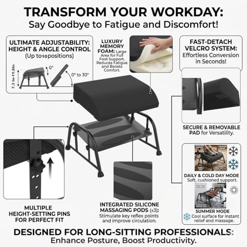 10-Level Adjustable Under Desk Footrest, XL Black Metal Frame - Image 5