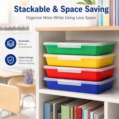 Svartur Flat Storage Bins with Lids, Letter Size Paper Storage Bins Set of 4, Stackable Classroom Turn In Bins with Secure Latching Lid, Plastic Storage Organizer for Teachers, Office & Home - Image 7