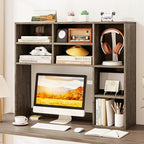 Tangkula Desktop Bookshelf, 37" Countertop Storage Hutch with 7 Cubes & 3 Adjustable Shelves, 3-Tier Desk Display Rack Organizer, Multipurpose Wood Desktop Hutch for Dorm Home Office (Grey) - Image 2
