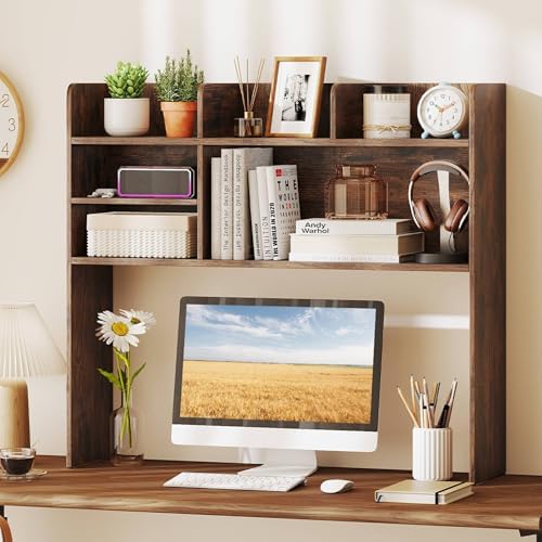 Tangkula Desktop Bookshelf for Computer Up to 32”, 37” Countertop Storage Hutch with 6 Storage Shelves, 3-Tier Desktop Organizer Display Rack, Wooden Desk Hutch for Dorm Home Office (Rustic Brown) - Image 2