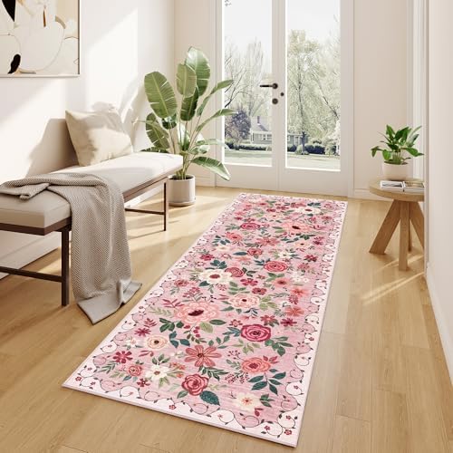 DUKINO 2x10 Runner Rug, Floral Washable Kitchen Runner Rug Non Slip, Pink - Image 3