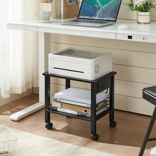 YUFAM 2 Tier Under Desk Printer Stand with Charging Station, Black - Image 4