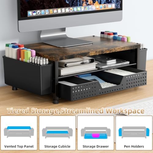 Monitor Stand Riser with Plastic Drawer and Two Pen Holders, Dark Wood Top - Image 3