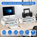 AUPSEN White Monitor Stand Riser, 2-Tier Wood Computer Desk Organizer with Drawer, Pen Storage & Phone Holder, Office Desk Accessories Desktop Organizer for Office Supplies (White) - Image 4