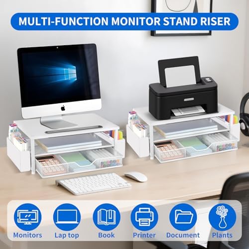 AUPSEN White Monitor Stand Riser, 2-Tier Wood Computer Desk Organizer with Drawer, Pen Storage & Phone Holder, Office Desk Accessories Desktop Organizer for Office Supplies (White) - Image 4