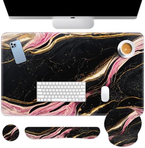 Britimes Keyboard Mouse Pad Set, 4 in 1 Desk Mat Set, Pink Black Marble by Britimes