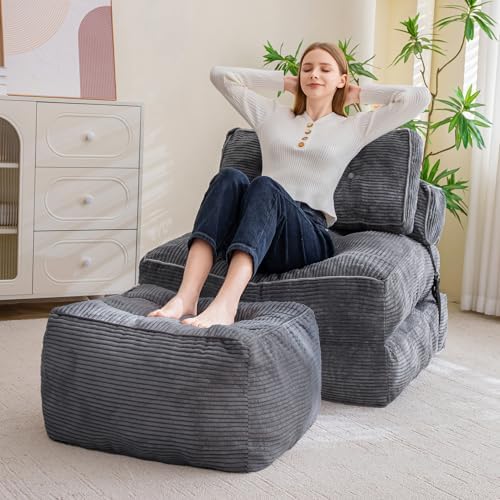 HIGOGOGO Square Stuffed Pouf Ottoman, Corduroy Poufs with Foam Chunk Filling, Furry and Fluffy Pouf Foot Stool Storage Ottoman, 25.6 X 25.6 Floor Poufs Foot Rest for Living Room, Dark Grey - Image 6