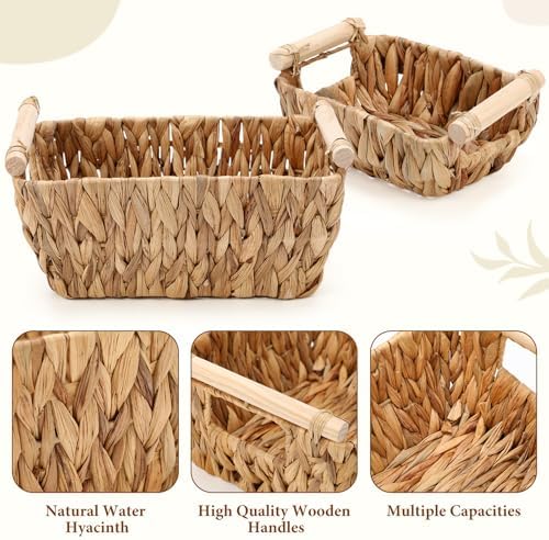 Newtay 4 Pack Wicker Storage Baskets, Hand Woven Basket for Organizing, Water Hyacinth Nesting Shelf Bins with Wooden Handles for Nursery Shelves, Bedroom Decor, Pantry School Office Desk, 4 Size - Image 3