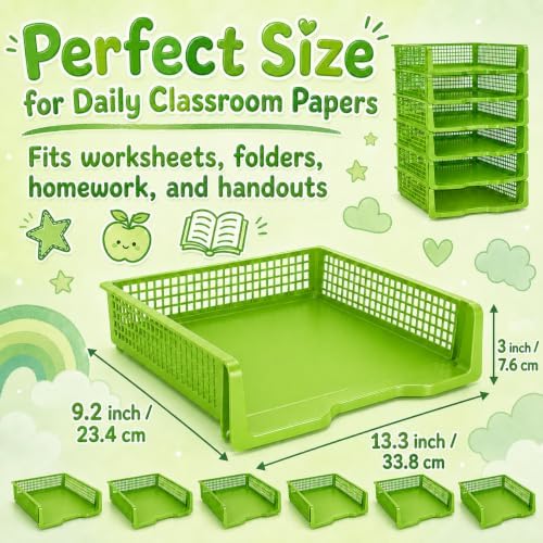 6 Pcs Green Turn in Trays Classroom, Stackable Paper Bins for Classroom, 13x9x2.8 inch Plastic Baskets Desktop Organization System Office (Green) - Image 2