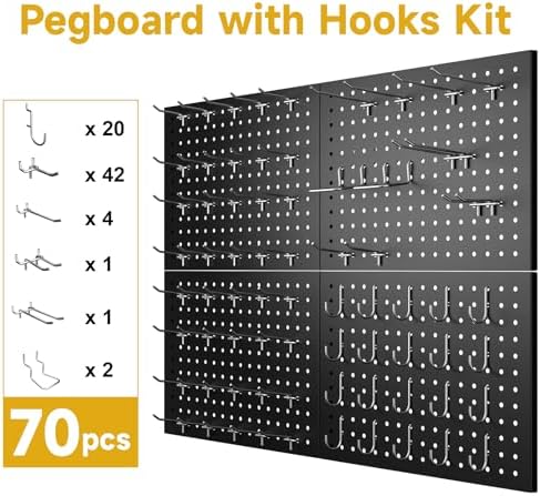 Peg Board, 4-pcs 16" x 12" Metal Pegboard Panels with 70 Hooks, Tool Organizer for Garage, Craft Room, Black - Image 4