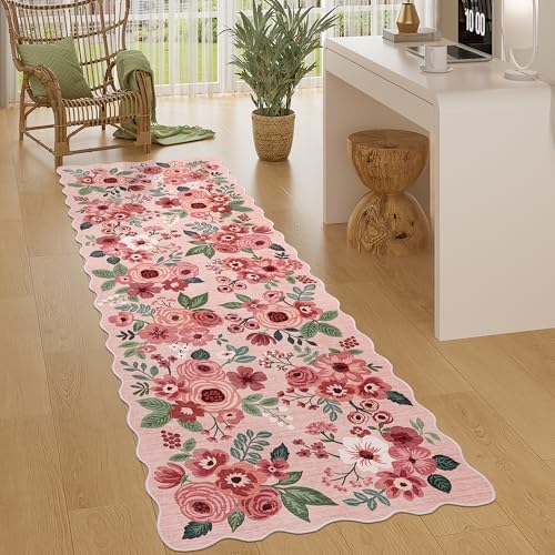 DUKINO 2.6x8 Runner Rug, Floral Washable Kitchen Rugs Non Slip, Pink - Image 3