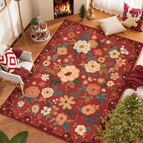 DUKINO 6x9 Area Rugs, Floral Washable Rug for Bedroom Non Slip, Red - Image 3