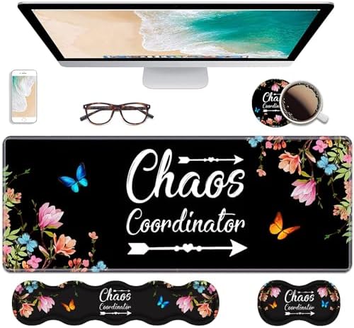 Ergonomic Keyboard Wrist Rest & Mouse Pad Wrist Rest Set, Chaos Coordinator Quote Vintage Watercolor Floral Large Gaming Desk Mat 31.5"x 11.8" with Memory Foam, Easy Typing Pain Relief for Home Office by Unknown