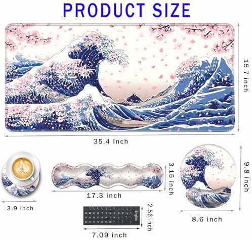 Mouse Pad,Large Pink Desk Mat, 4in1 XXL Mousepad + Keyboard Wrist Rest+Mouse Wrist Rest+Coaster Set with Ergonomic Desk Pad for Home Office Table Computer-Japanese Sea Wave - Image 2