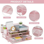 Marbrasse 3 Tier Mesh Desk Organizer with Drawer, Multi-Functional Desk Organizers and Accessories, Paper Letter Organizer with 2 Pen Holder for Home Office Supplies (Pink) - Image 3