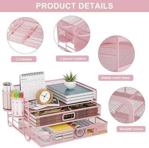 Marbrasse 3 Tier Mesh Desk Organizer with Drawer, Multi-Functional Desk Organizers and Accessories, Paper Letter Organizer with 2 Pen Holder for Home Office Supplies (Pink) - Image 3