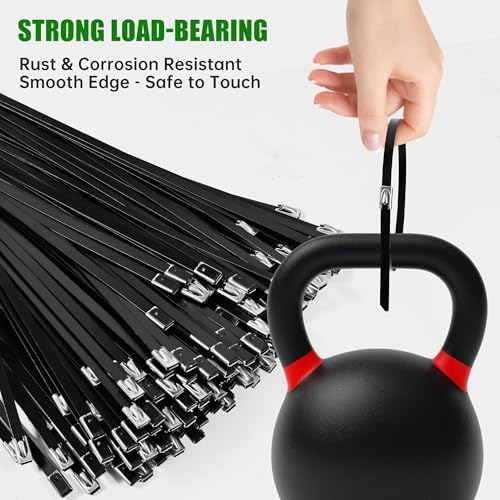 MasiStran Metal Zip Ties 200 Pack 12 Inch, 304 Stainless Steel 408LBS Heavy Duty Zip Ties Black - Self-Locking Cable Ties for Exhaust Wrap，Chain Link Fence Parts, Outdoor Farms,Pipes - Image 3