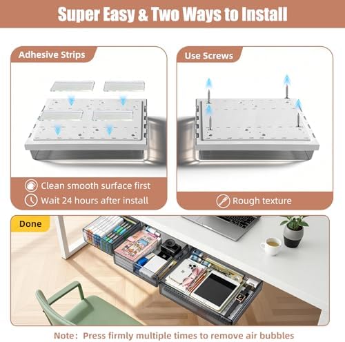 3 Pack Under Desk Drawer Slide Out Storage Organizer, Transparent Black Hidden Desktop Drawer Attachment with 3 Sizes (S/M/L), Adhesive or Screw-Mount Table Tray for iPads, Journals & Desk Accessories - Image 7