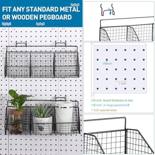 Suzile 2 Pcs Divided Pegboard Baskets Set Metal Garage Storage with 4 Pegboard Hooks Wall Mount Organizer for Workbench Bathroom Accessory Storage, 3 Grid(Black) - Image 3