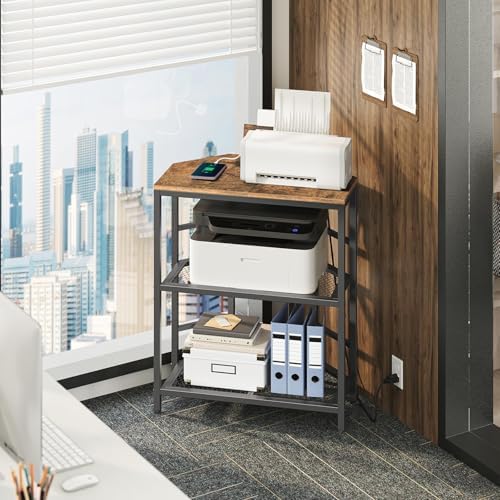 MAHANCRIS Corner Printer Stand with Charging Station, 3-Tier Large Printer Table with Adjustable Feet, Metal Frame Storage Shelf for Office, Living Room, Small Space, Rustic Brown PTHR14E01 - Image 2